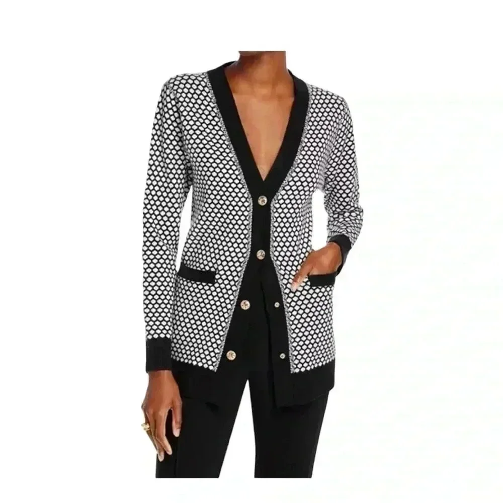 Women’s Sioni Black And White Cardigan Snap Button Closure No Size Tag Preowned